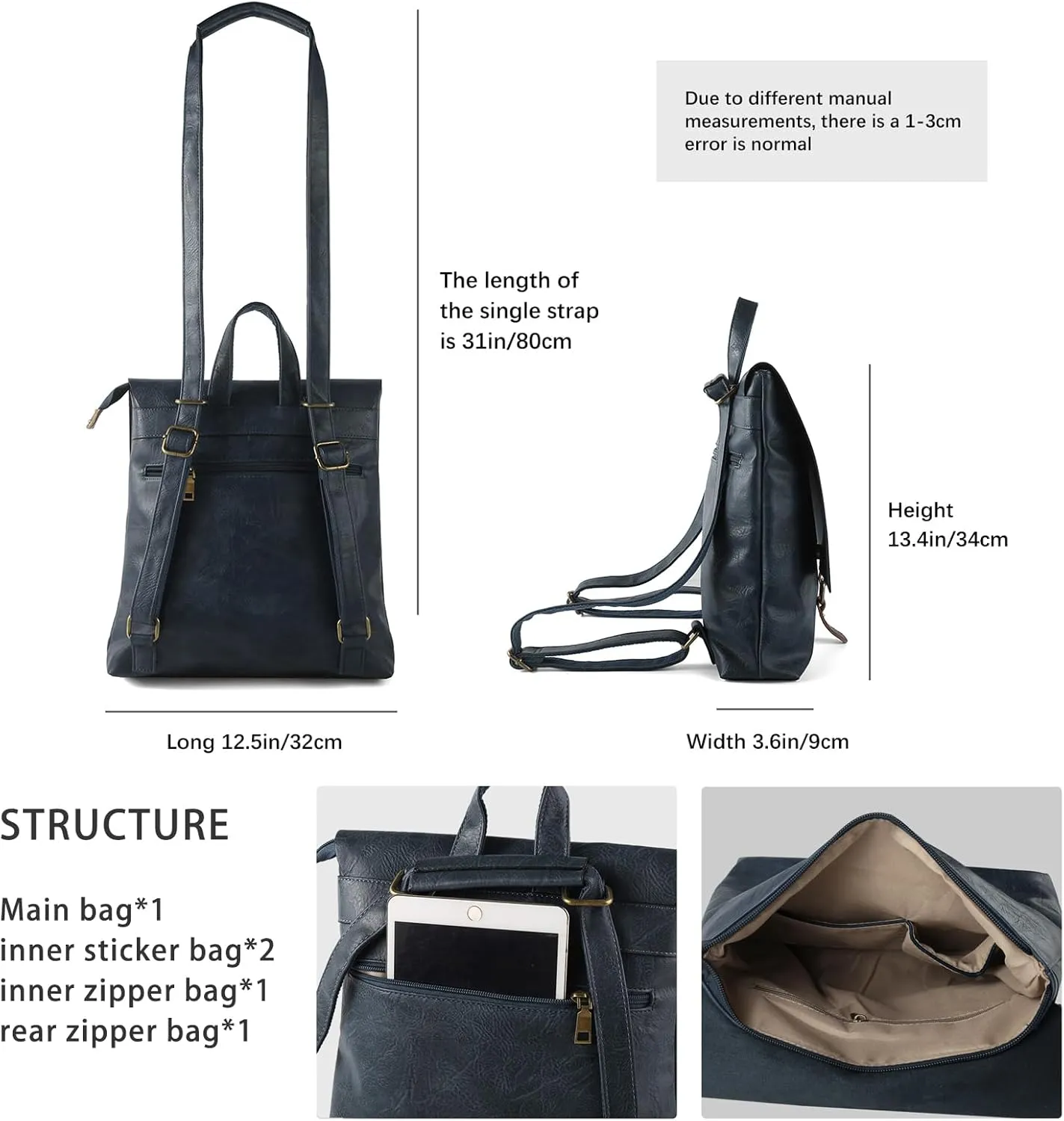 Women's Fashion Backpack Purse Multipurpose Design Convertible Satchel Handbags Shoulder Bag Travel bag (Dark Blue)