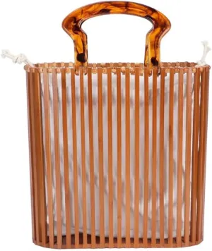 Womens Fashion Bamboo Bag with Acrylic Handle Bucket Bag Summer Beach Clutch Purse Handbags