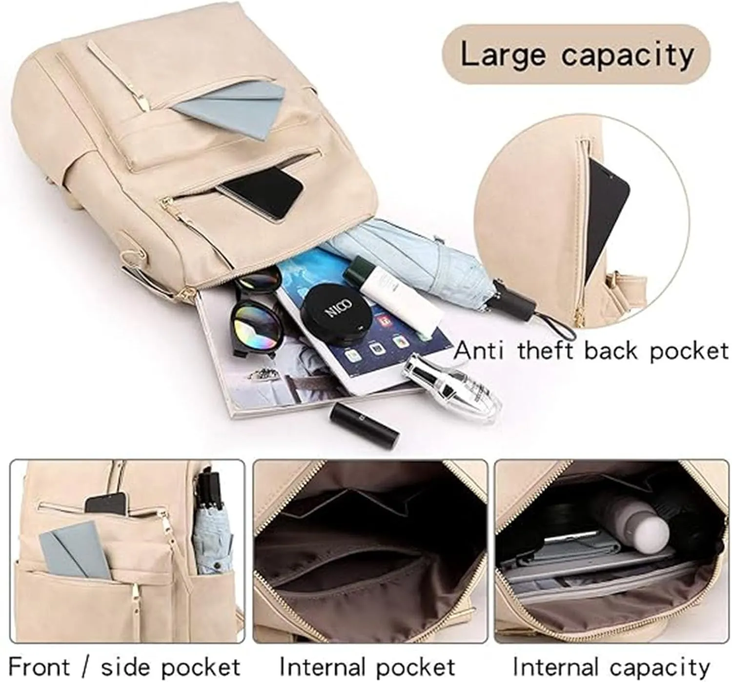 Women's Fashion Retro Backpack Convertible Satchel Shoulder Bag Anti-Theft Travel bag Casual Leather Backpack (Grey), Beige