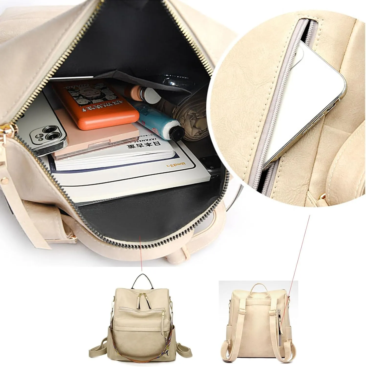 Women's Fashion Retro Backpack Convertible Satchel Shoulder Bag Anti-Theft Travel bag Casual Leather Backpack (Grey), Beige