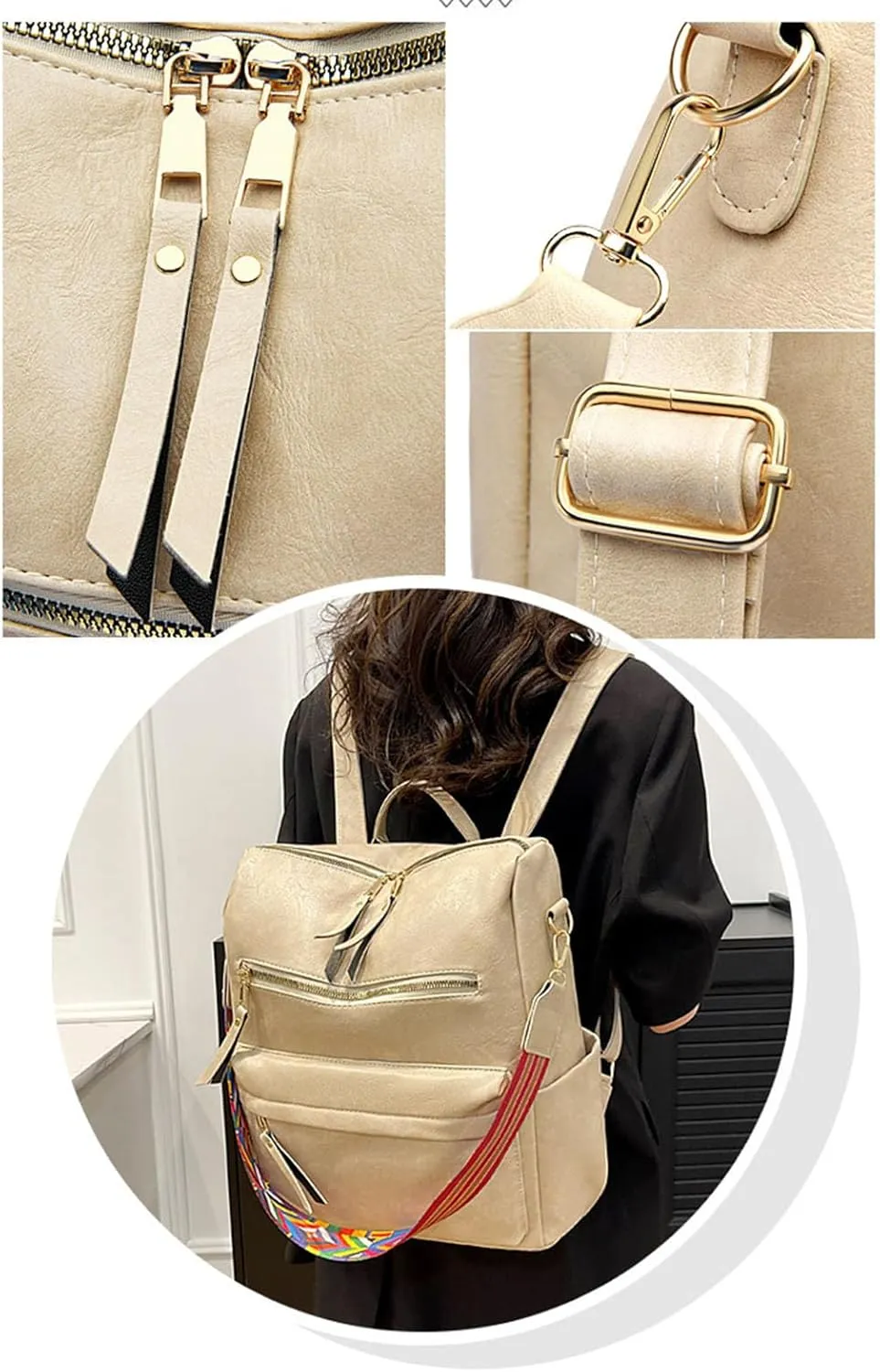 Women's Fashion Retro Backpack Convertible Satchel Shoulder Bag Anti-Theft Travel bag Casual Leather Backpack (Grey), Beige