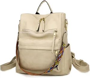 Women's Fashion Retro Backpack Convertible Satchel Shoulder Bag Anti-Theft Travel bag Casual Leather Backpack (Grey), Beige