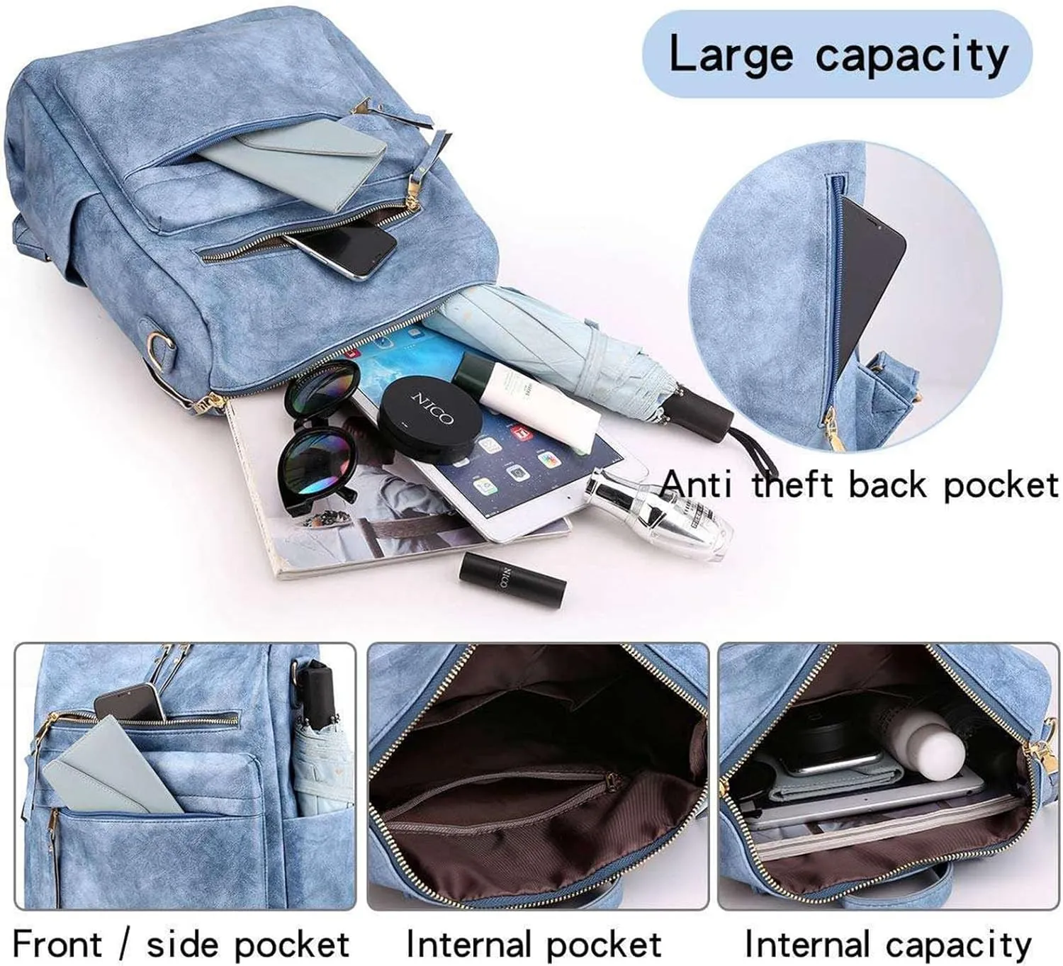 Women's Fashion Retro Backpack Convertible Satchel Shoulder Bag Anti-Theft Travel bag Casual Leather Backpack (Grey), Blue