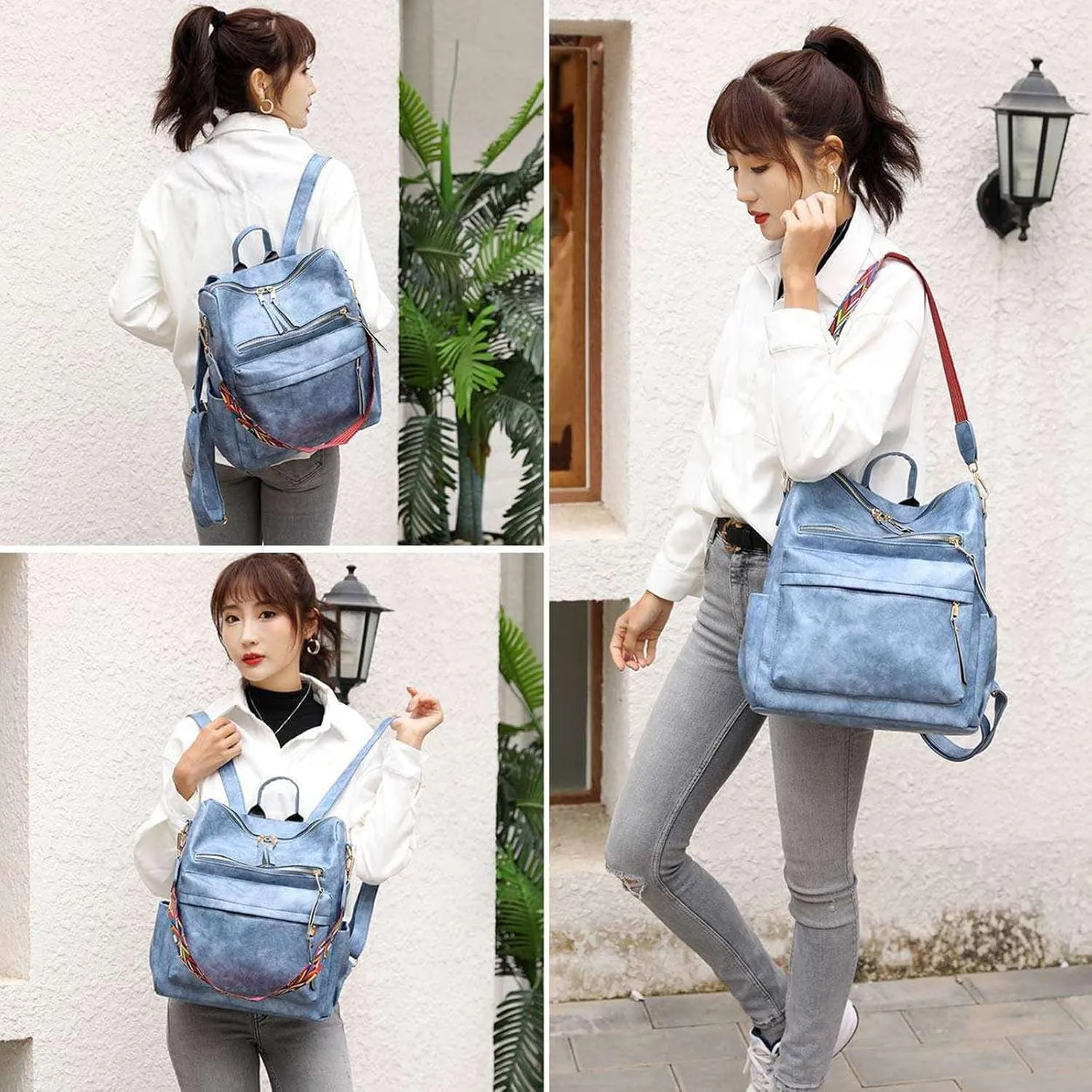 Women's Fashion Retro Backpack Convertible Satchel Shoulder Bag Anti-Theft Travel bag Casual Leather Backpack (Grey), Blue