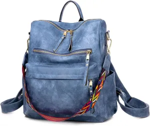 Women's Fashion Retro Backpack Convertible Satchel Shoulder Bag Anti-Theft Travel bag Casual Leather Backpack (Grey), Blue