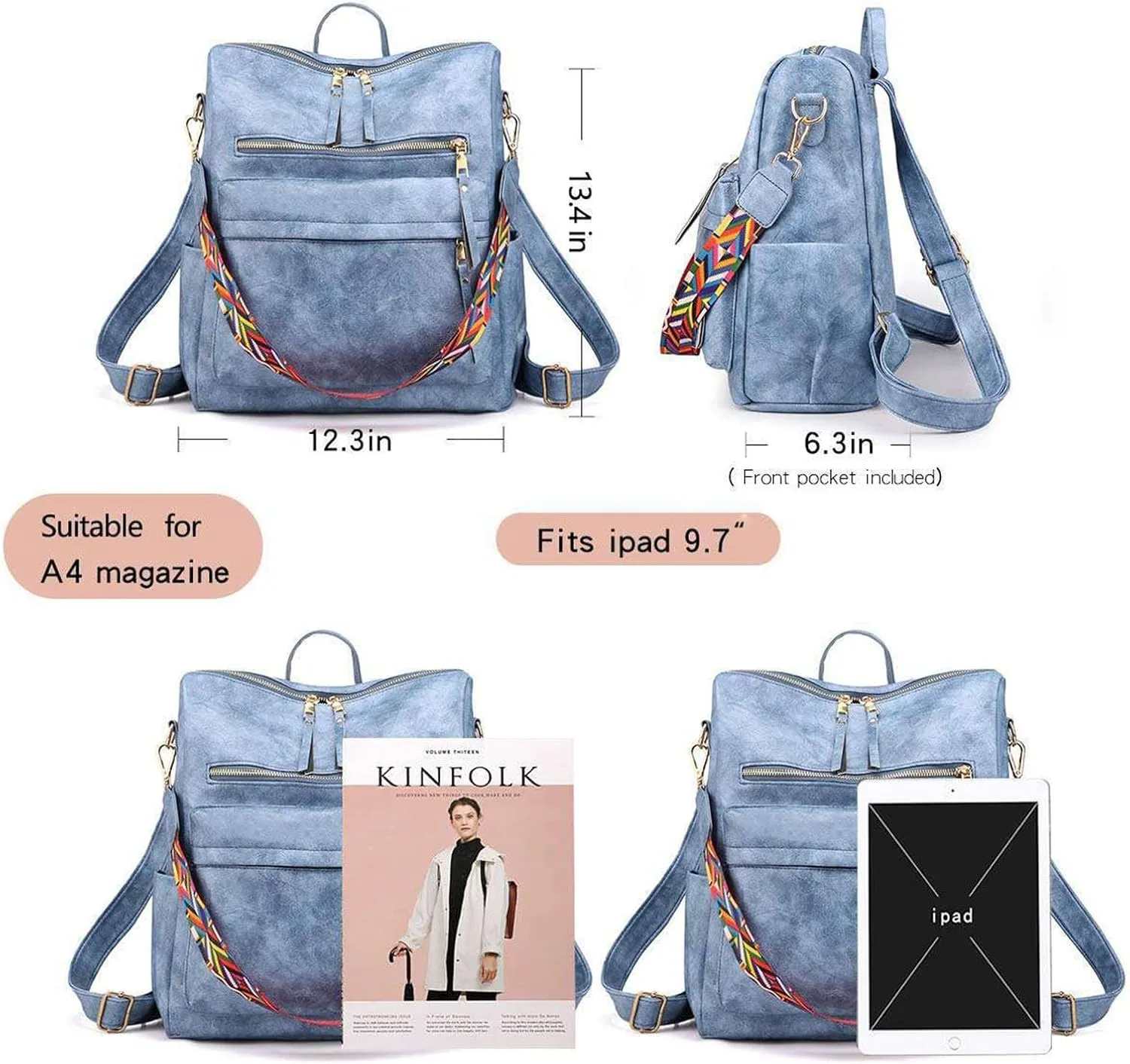 Women's Fashion Retro Backpack Convertible Satchel Shoulder Bag Anti-Theft Travel bag Casual Leather Backpack (Grey), Blue