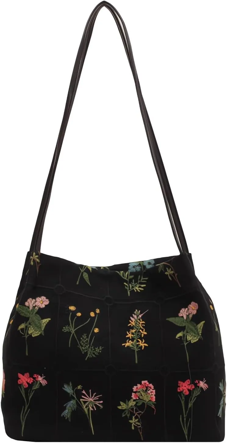 Women's Flower Embroidery Handbags and Crossbody Bags,Female Purses Quilted Versatile Tote Bags Satchel Bags Black