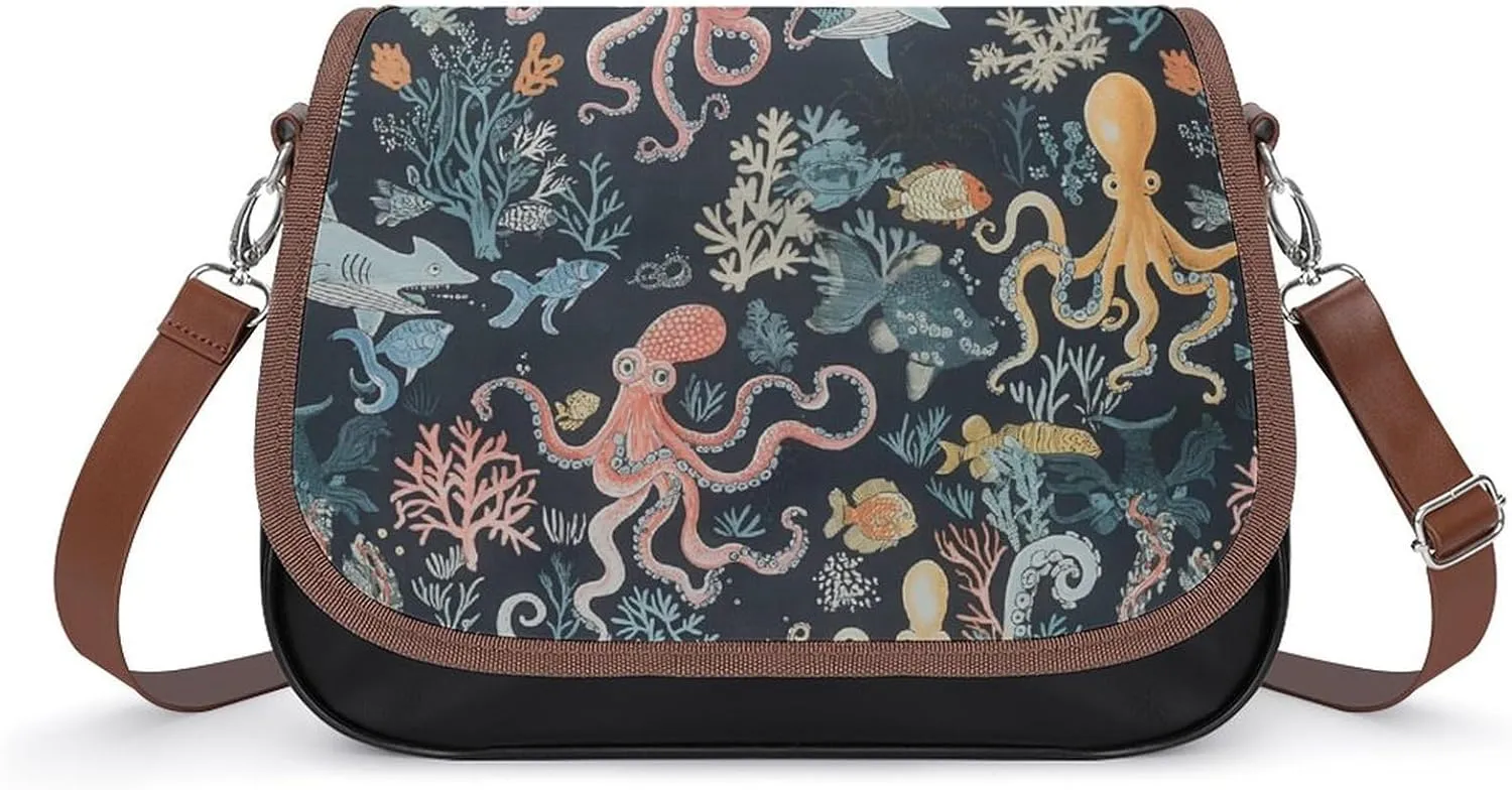 Women's Handbag Octupus Sea Creatures Satchel Bag Leather Crossbody Bag Waterproof Messenger Bag