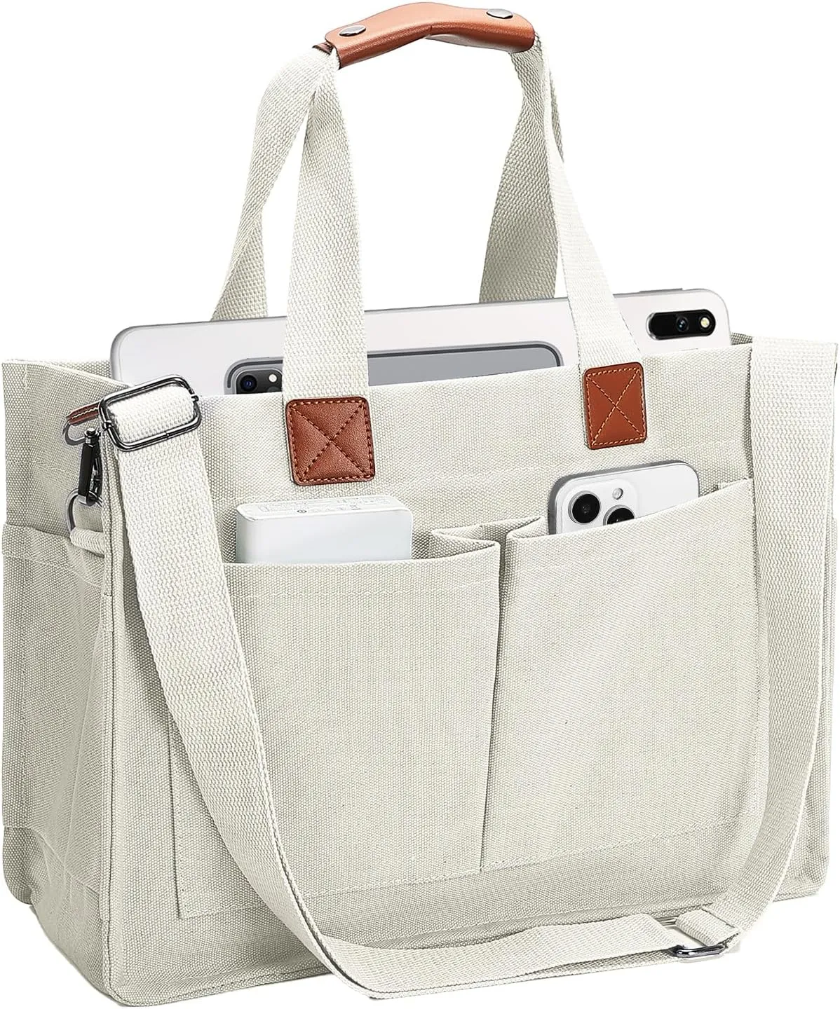Women's Large Canvas Tote Bag with Pockets, Laptop Crossbody, Everyday Satchel, Shoulder Hobo Work Travel Handbag