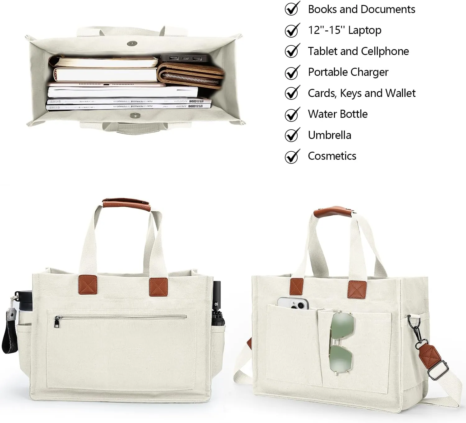 Women's Large Canvas Tote Bag with Pockets, Laptop Crossbody, Everyday Satchel, Shoulder Hobo Work Travel Handbag