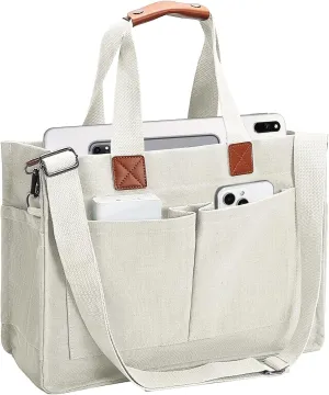 Women's Large Canvas Tote Bag with Pockets, Laptop Crossbody, Everyday Satchel, Shoulder Hobo Work Travel Handbag