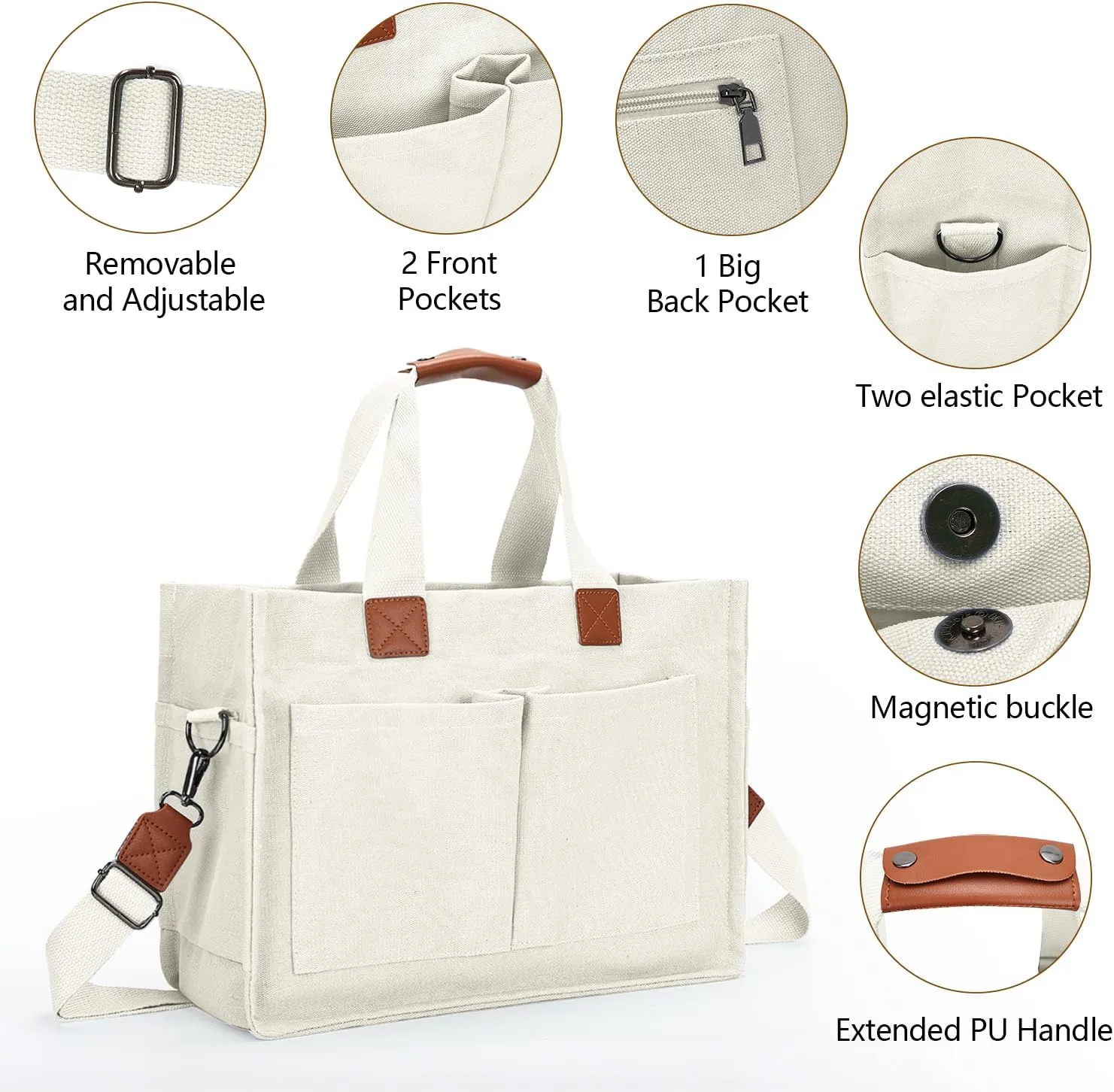 Women's Large Canvas Tote Bag with Pockets, Laptop Crossbody, Everyday Satchel, Shoulder Hobo Work Travel Handbag