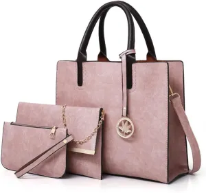 Women’s Large Leather Satchel Handbag Set - Stylish Crossbody Tote & Clutch Purse (Pink)