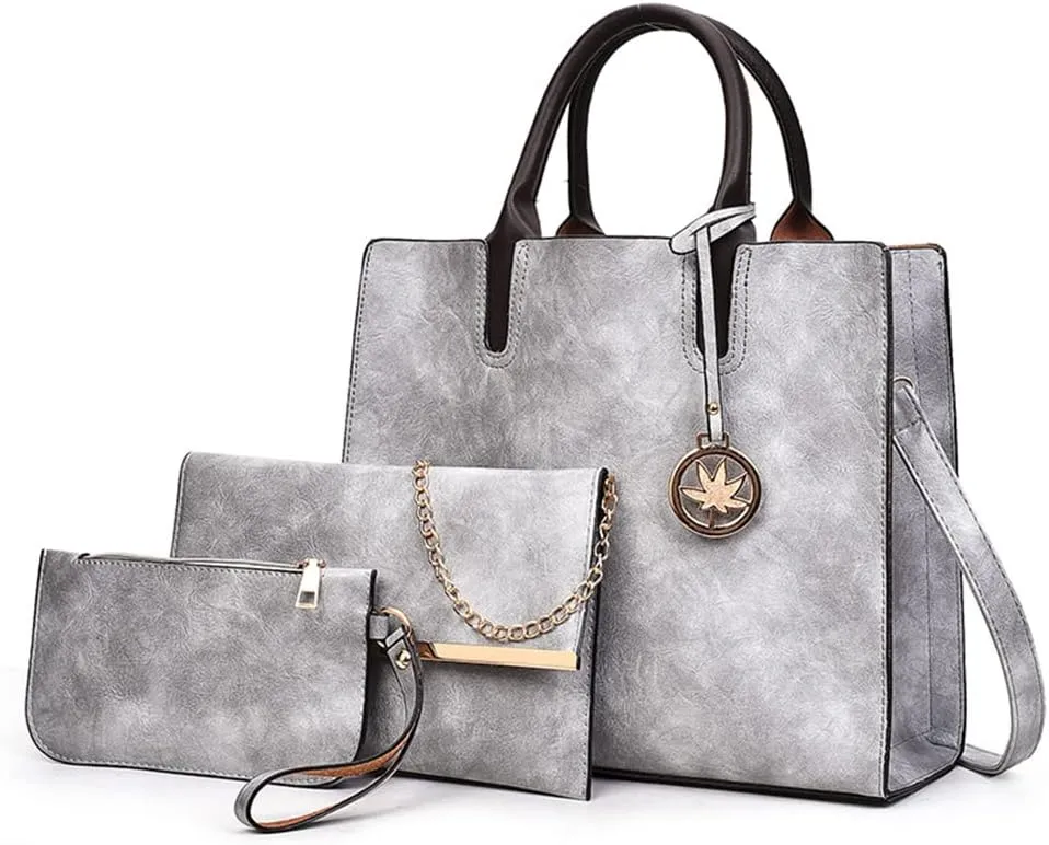 Women’s Large Leather Satchel Handbag Set - Stylish Crossbody Tote & Clutch Purse (Pink)