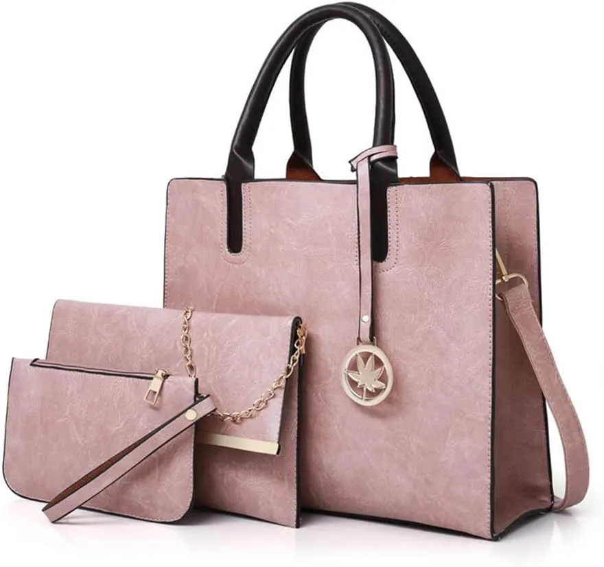 Women’s Large Leather Satchel Handbag Set - Stylish Crossbody Tote & Clutch Purse (Pink)