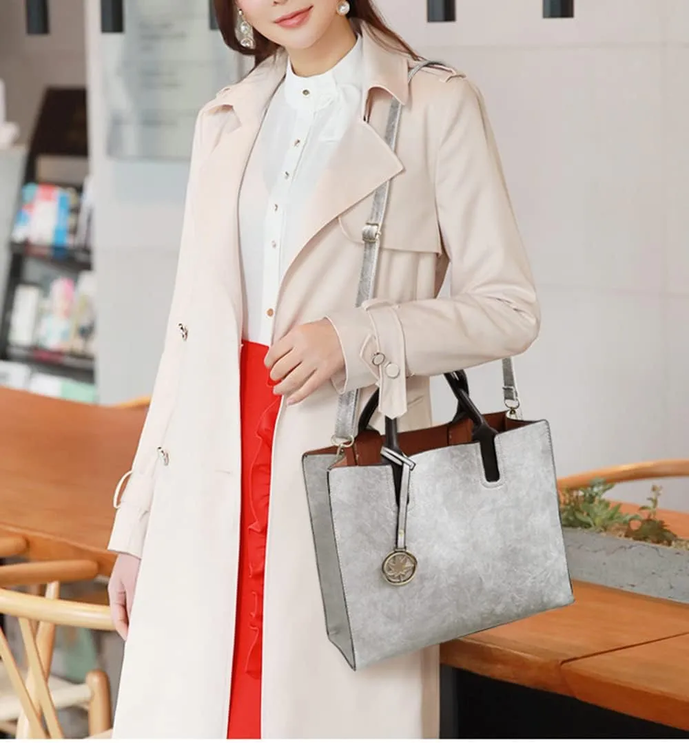 Women’s Large Leather Satchel Handbag Set - Stylish Crossbody Tote & Clutch Purse (Pink)