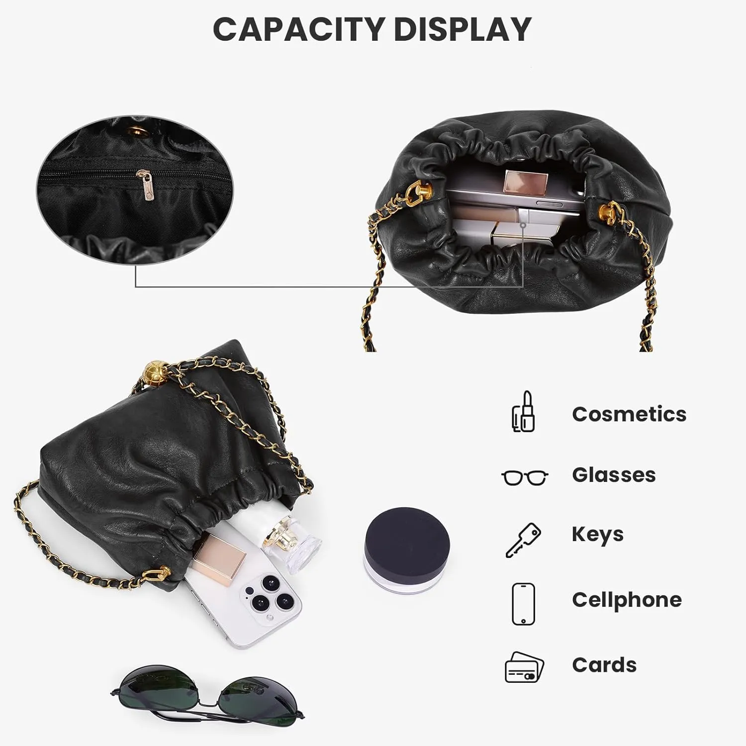 Womens Leather Chain Hobo Bag Tote Shoulder Handbag Crossbody Bags Trendy Drawstring Small Bag Dating Tote Purse