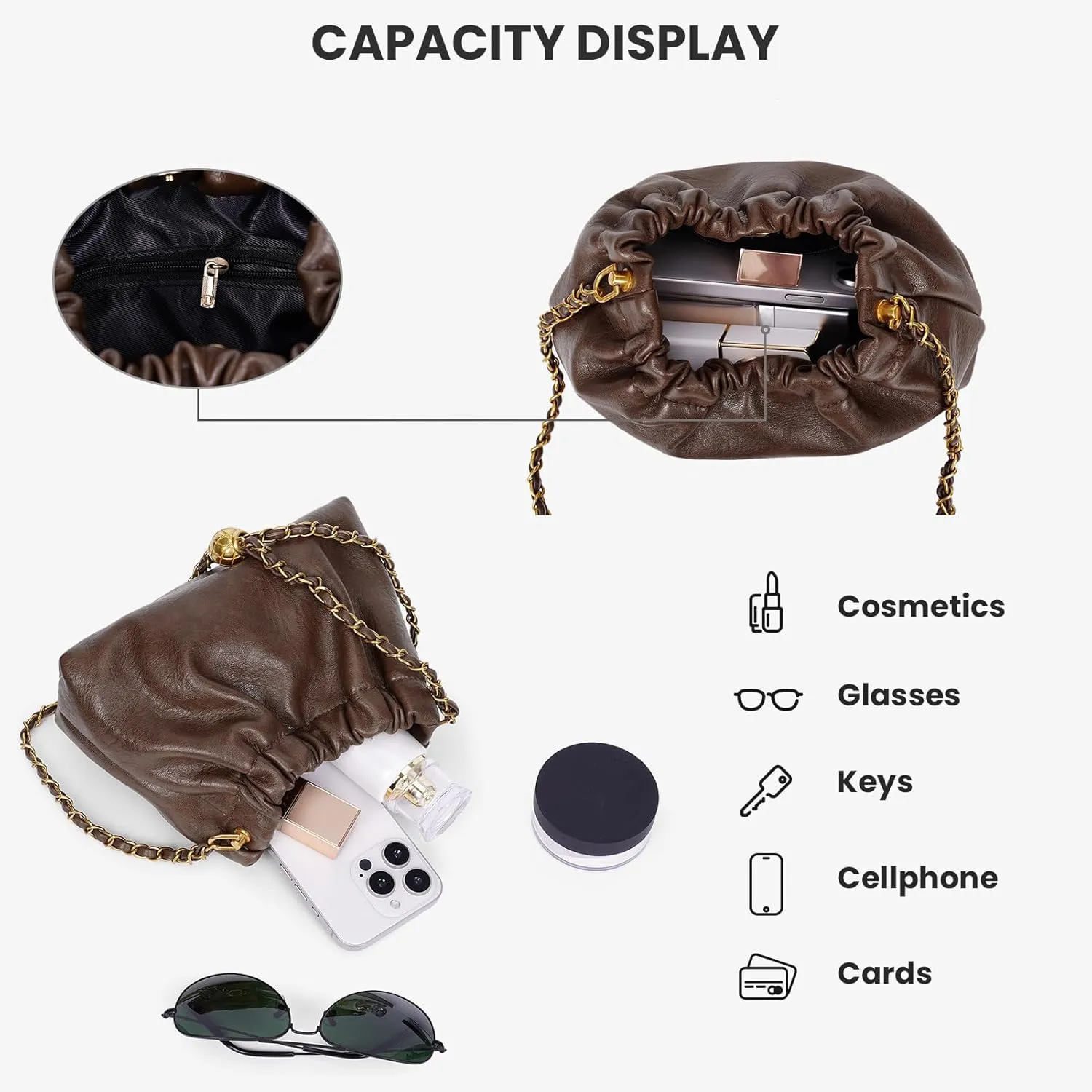 Womens Leather Chain Hobo Bag Tote Shoulder Handbag Crossbody Bags Trendy Drawstring Small Bag Dating Tote Purse
