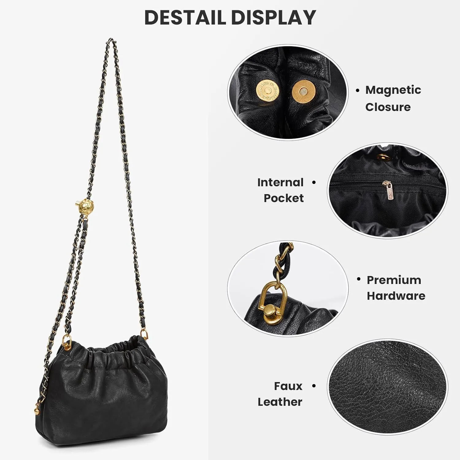 Womens Leather Chain Hobo Bag Tote Shoulder Handbag Crossbody Bags Trendy Drawstring Small Bag Dating Tote Purse