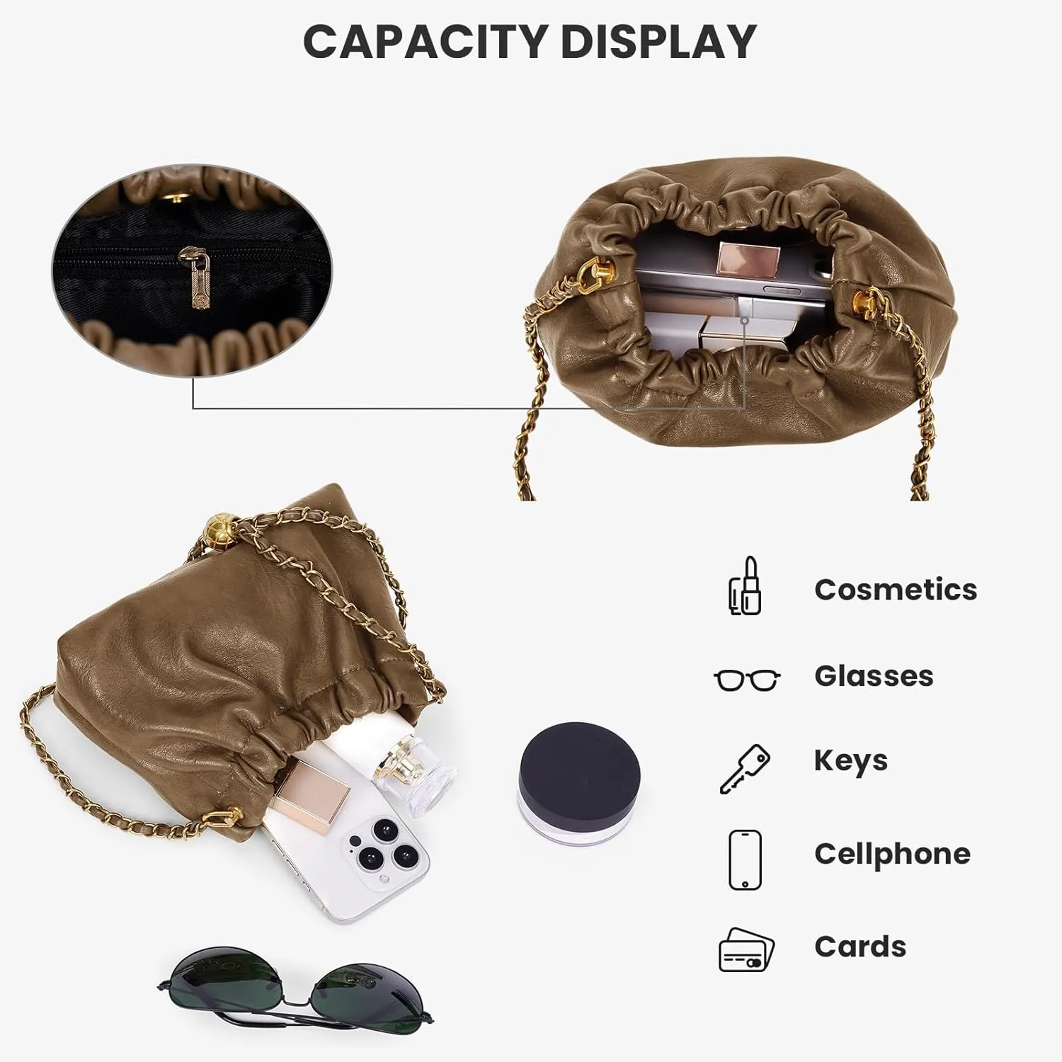 Womens Leather Chain Hobo Bag Tote Shoulder Handbag Crossbody Bags Trendy Drawstring Small Bag Dating Tote Purse