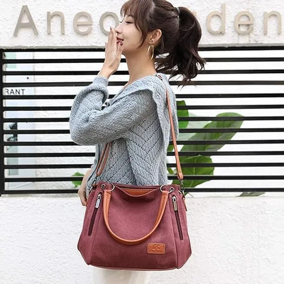 Women's Multi-pocket Shoulder Bag Satchel Fashion Canvas Handbag Simple Tote Purse Top-Handle Bag