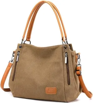 Women's Multi-pocket Shoulder Bag Satchel Fashion Canvas Handbag Simple Tote Purse Top-Handle Bag