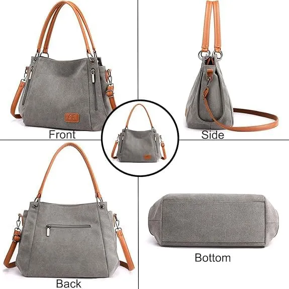 Women's Multi-pocket Shoulder Bag Satchel Fashion Canvas Handbag Simple Tote Purse Top-Handle Bag