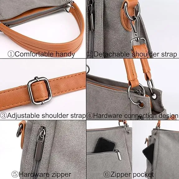 Women's Multi-pocket Shoulder Bag Satchel Fashion Canvas Handbag Simple Tote Purse Top-Handle Bag
