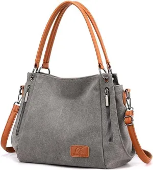 Women's Multi-pocket Shoulder Bag Satchel Fashion Canvas Handbag Simple Tote Purse Top-Handle Bag