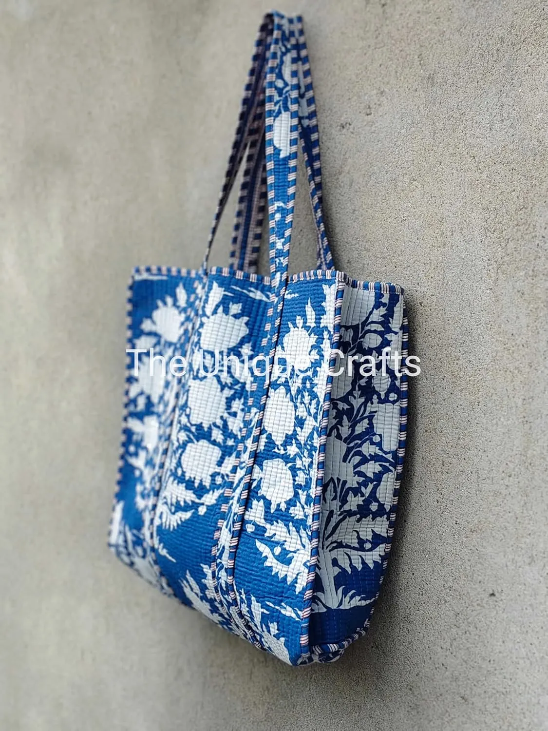 Women's Quilted Cotton Tote Bag Handprinted Reversible Hand Block Print Shoulder Bag Women Handbag Traveling Bag