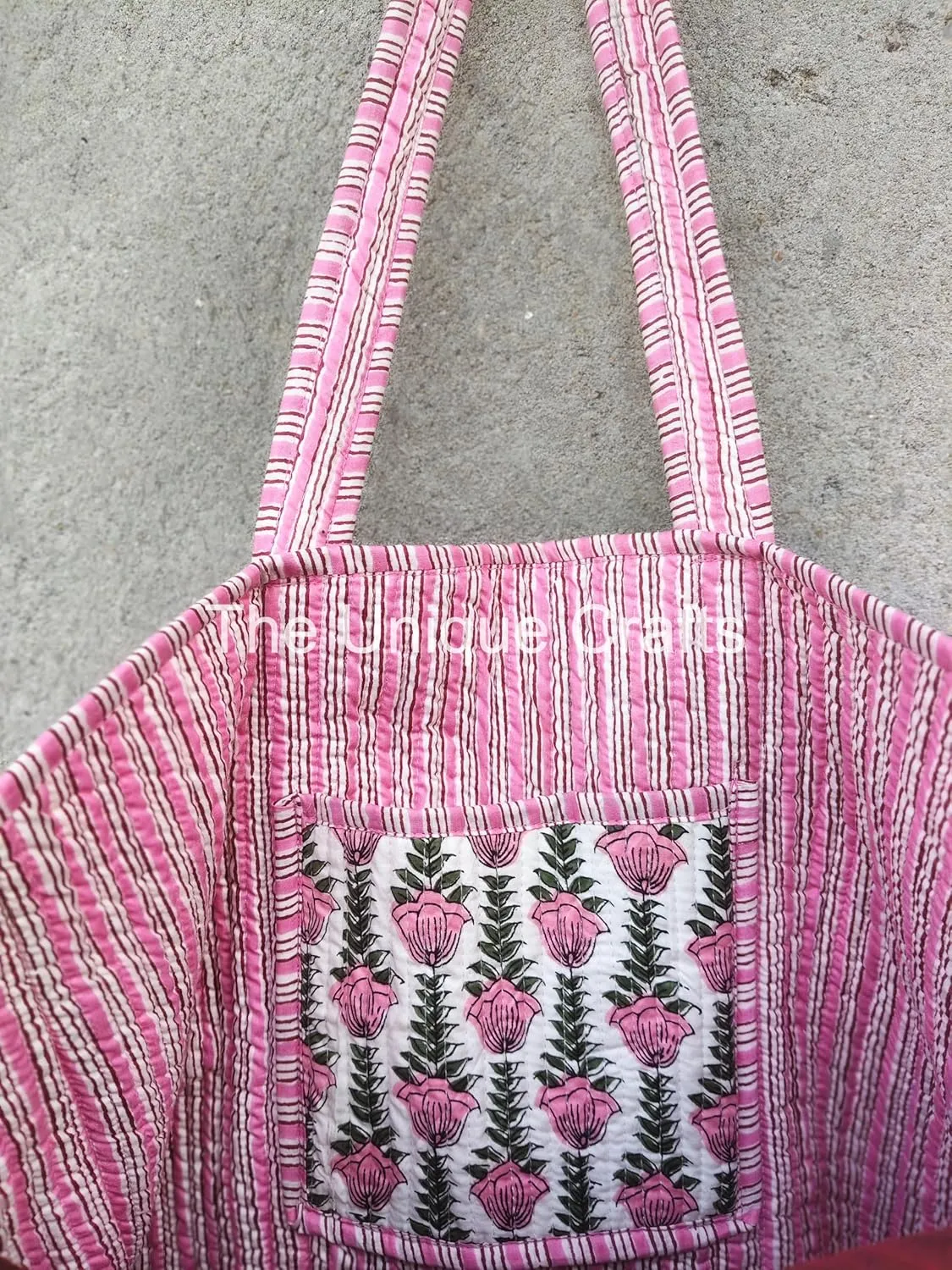 Women's Quilted Cotton Tote Bag Handprinted Reversible Hand Block Print Shoulder Bag Women Handbag Traveling Bag