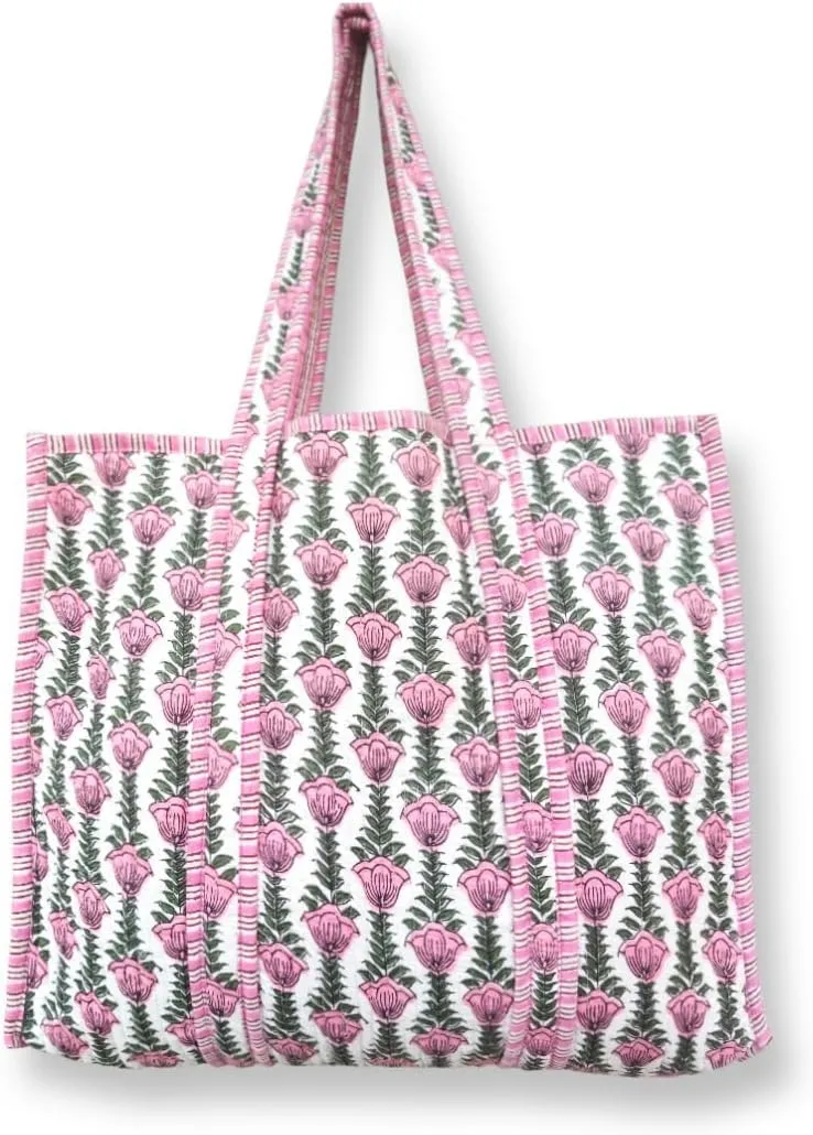 Women's Quilted Cotton Tote Bag Handprinted Reversible Hand Block Print Shoulder Bag Women Handbag Traveling Bag
