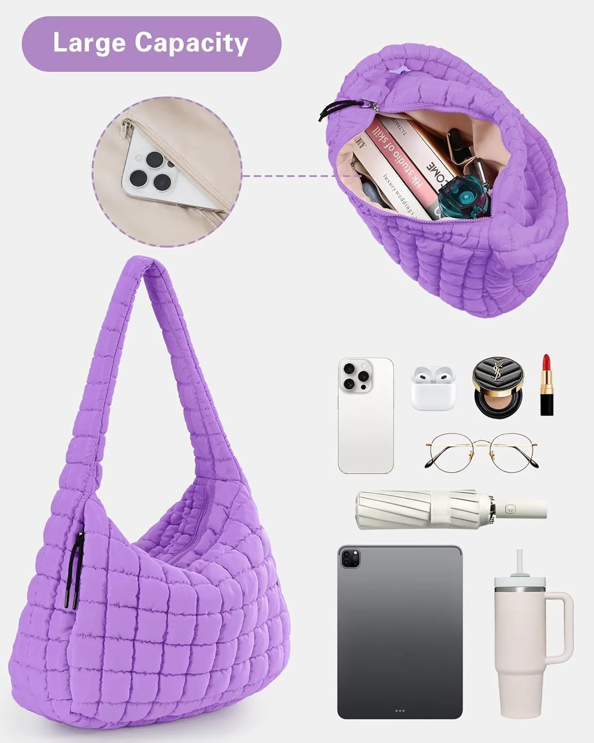 Womens Quilted Tote Bag Quilted Cute Crossbody Bags for Women, Purple