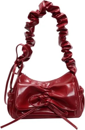 Women's Ruched Leather Shoulder Bag Drawstring Zipper Underarm Handbag Y2K Purses