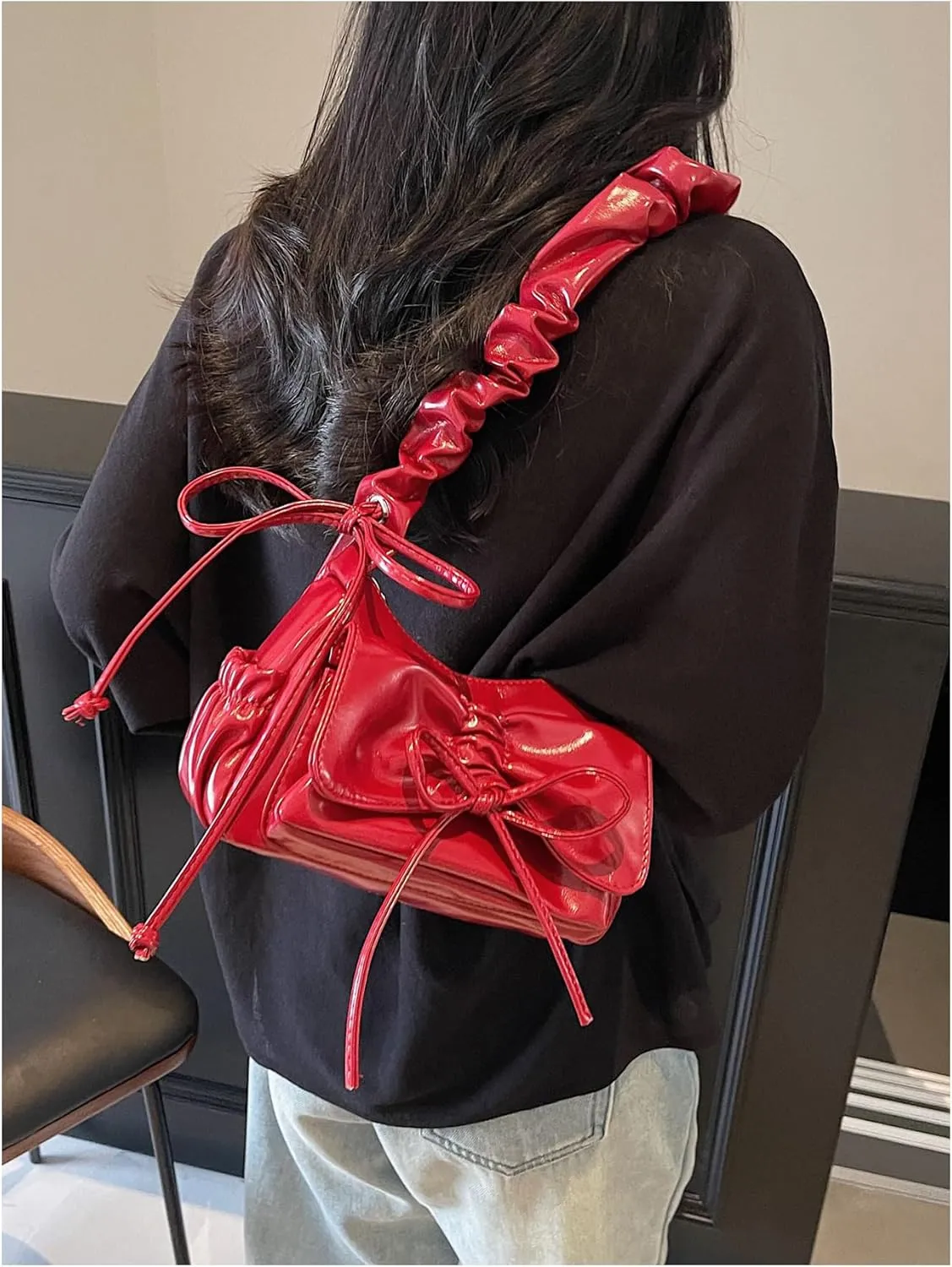 Women's Ruched Leather Shoulder Bag Drawstring Zipper Underarm Handbag Y2K Purses