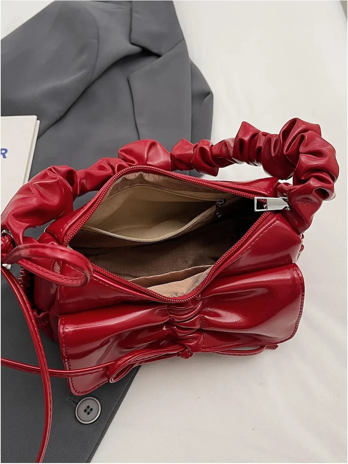 Women's Ruched Leather Shoulder Bag Drawstring Zipper Underarm Handbag Y2K Purses