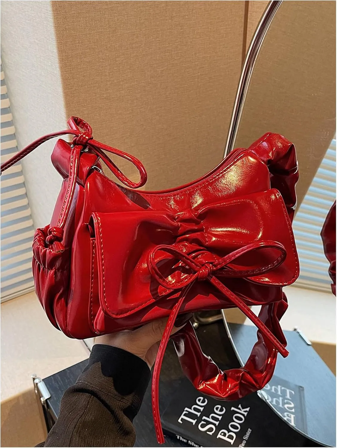 Women's Ruched Leather Shoulder Bag Drawstring Zipper Underarm Handbag Y2K Purses
