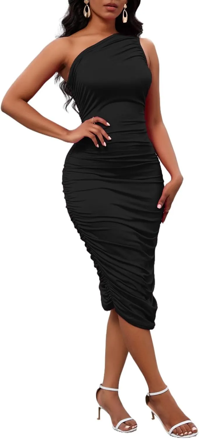 Women's Sexy One Shoulder Dresses Sleeveless Party Club Ruched Cocktail Wedding Guest Bodycon Midi Dress