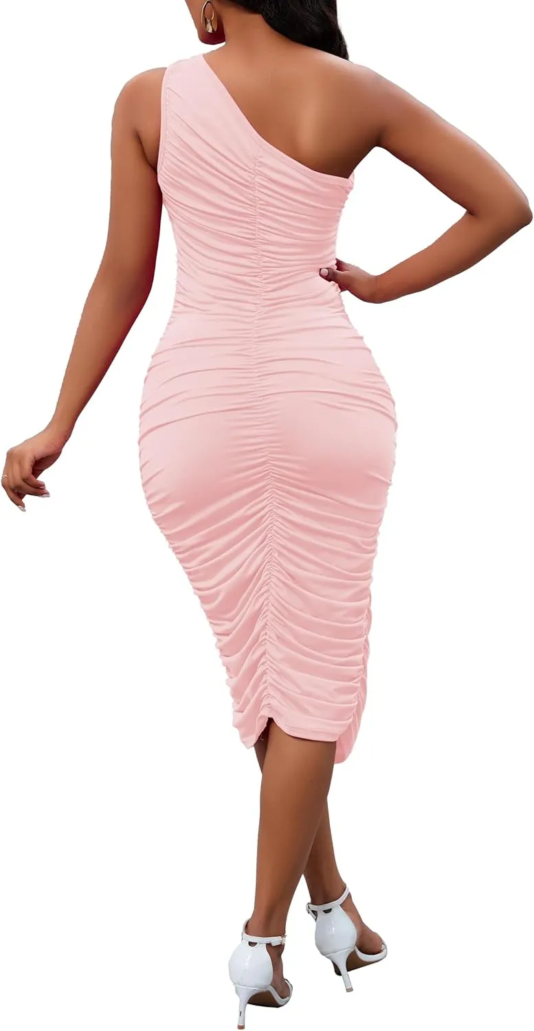 Women's Sexy One Shoulder Dresses Sleeveless Party Club Ruched Cocktail Wedding Guest Bodycon Midi Dress
