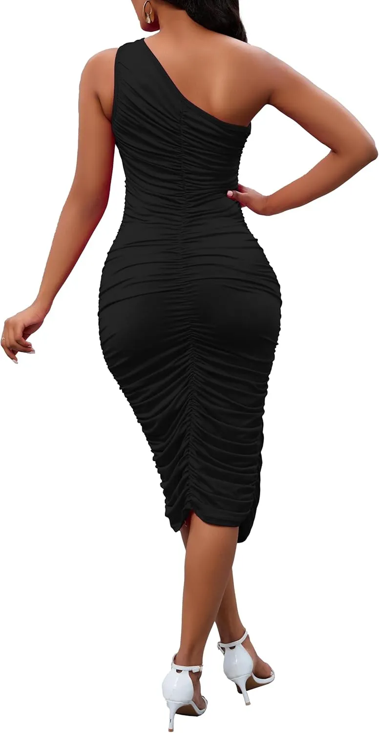 Women's Sexy One Shoulder Dresses Sleeveless Party Club Ruched Cocktail Wedding Guest Bodycon Midi Dress