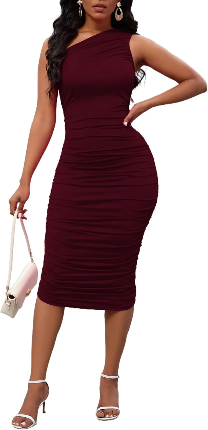 Women's Sexy One Shoulder Dresses Sleeveless Party Club Ruched Cocktail Wedding Guest Bodycon Midi Dress