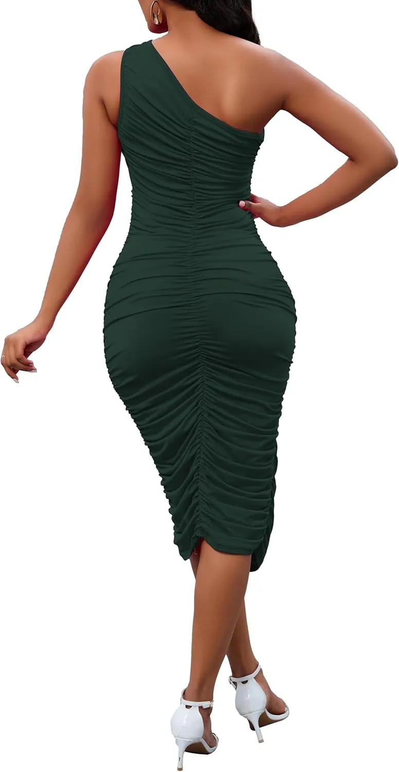Women's Sexy One Shoulder Dresses Sleeveless Party Club Ruched Cocktail Wedding Guest Bodycon Midi Dress