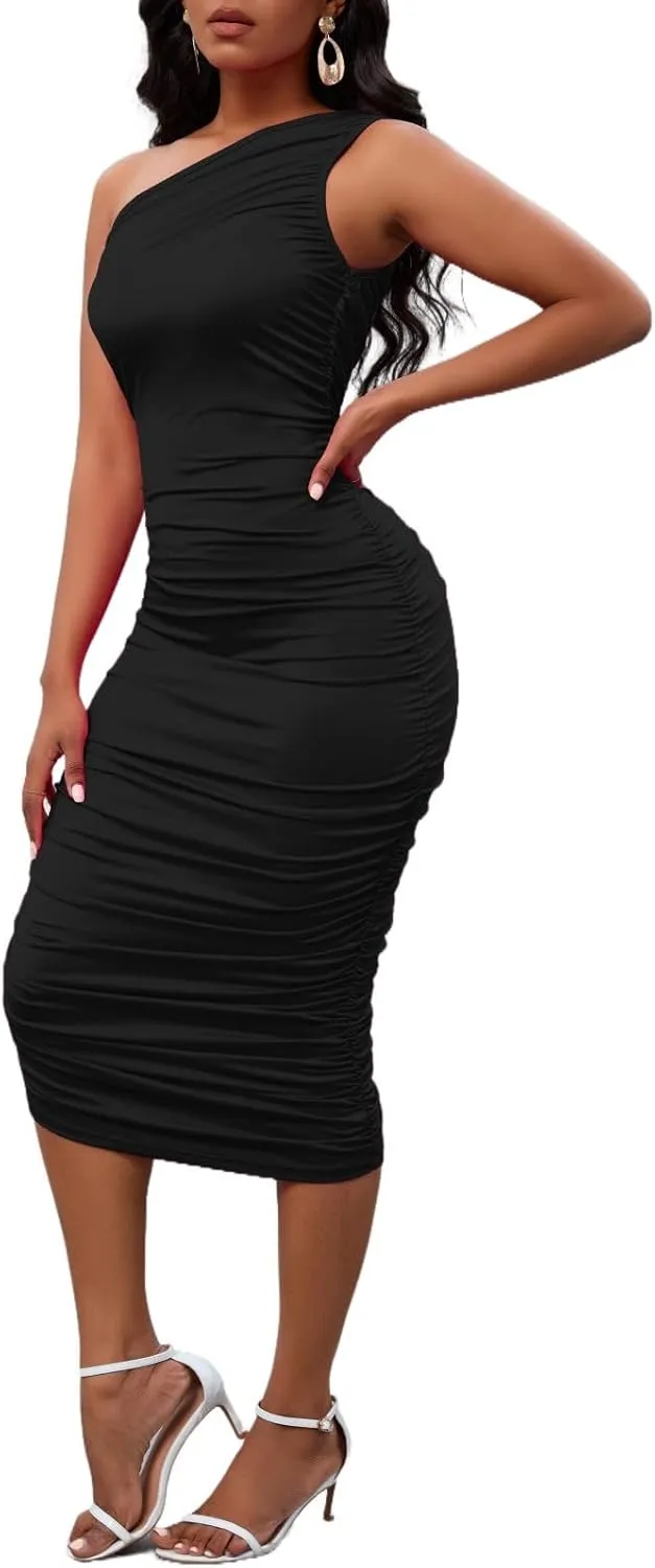 Women's Sexy One Shoulder Dresses Sleeveless Party Club Ruched Cocktail Wedding Guest Bodycon Midi Dress