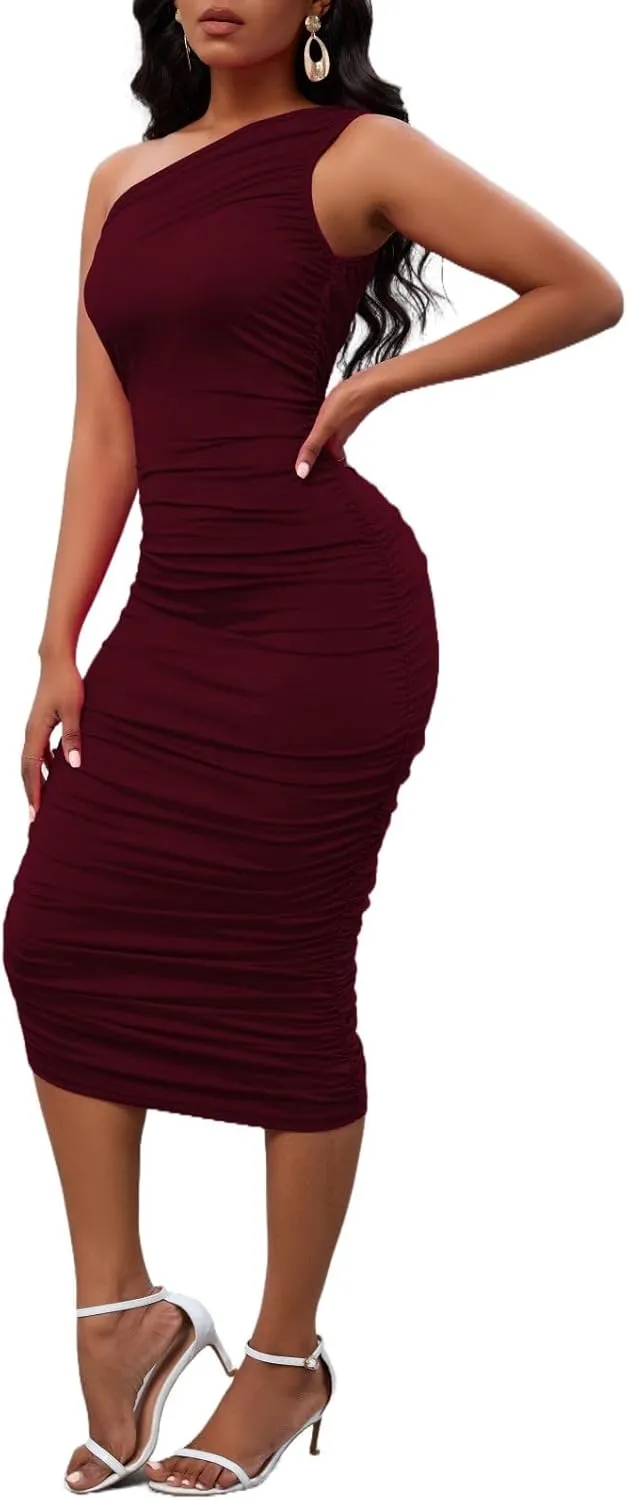 Women's Sexy One Shoulder Dresses Sleeveless Party Club Ruched Cocktail Wedding Guest Bodycon Midi Dress