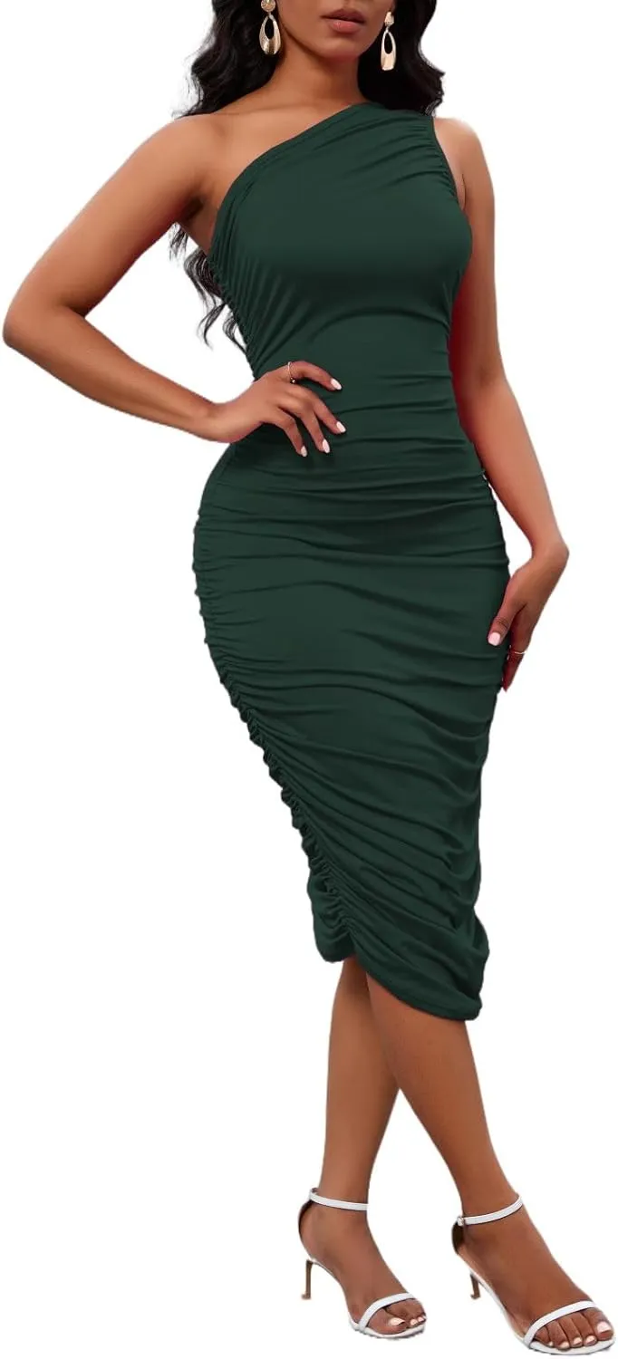 Women's Sexy One Shoulder Dresses Sleeveless Party Club Ruched Cocktail Wedding Guest Bodycon Midi Dress
