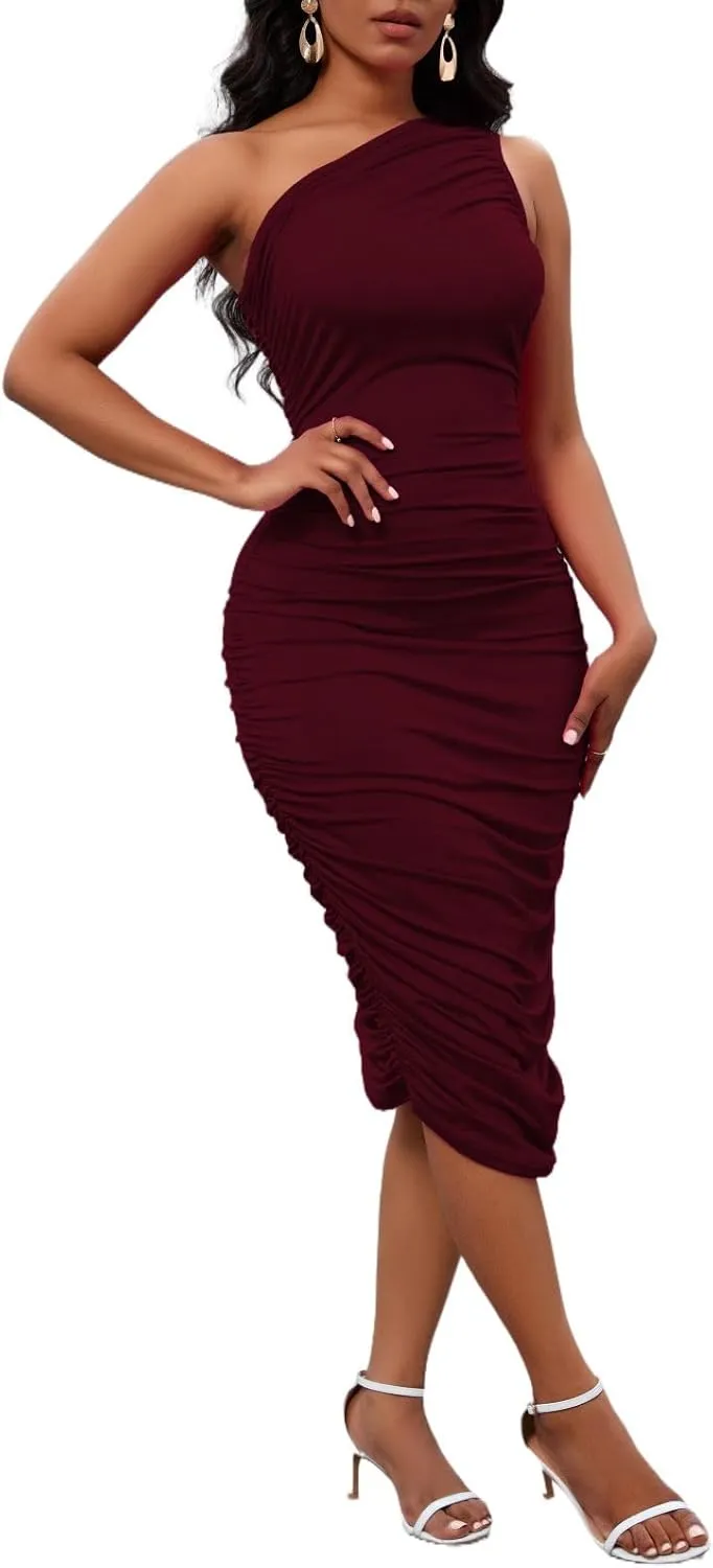 Women's Sexy One Shoulder Dresses Sleeveless Party Club Ruched Cocktail Wedding Guest Bodycon Midi Dress