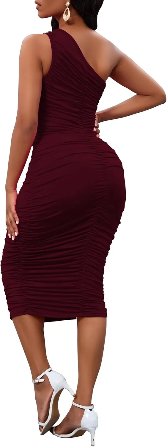 Women's Sexy One Shoulder Dresses Sleeveless Party Club Ruched Cocktail Wedding Guest Bodycon Midi Dress