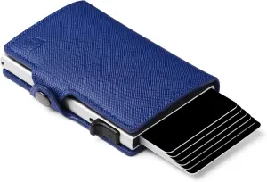 Womens Slim Wallet for Small Purses, Pop Up Wallet with Anti Theft RFID Blocking Credit Card Holder for Women in Navy Blue PU Saffiano