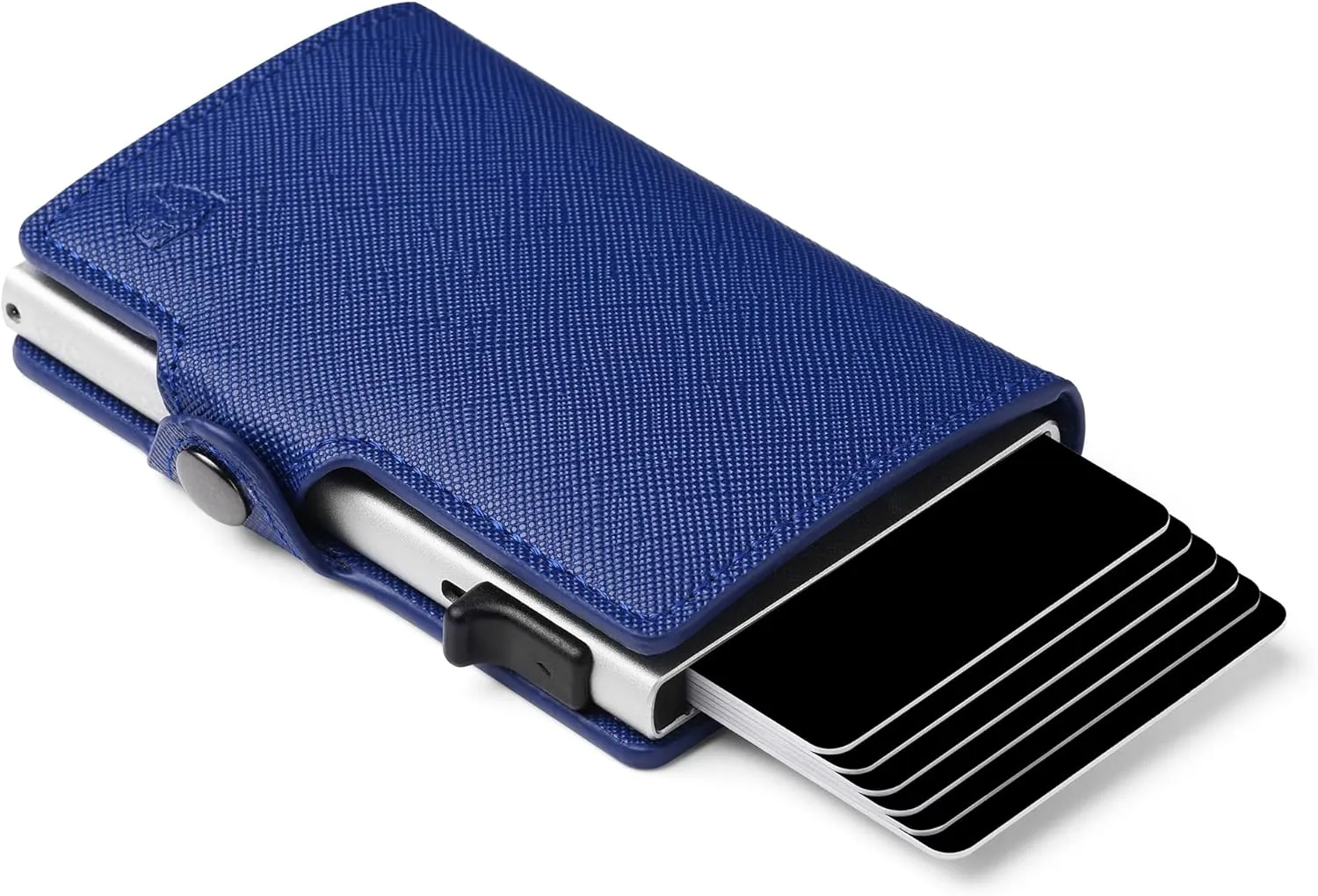 Womens Slim Wallet for Small Purses, Pop Up Wallet with Anti Theft RFID Blocking Credit Card Holder for Women in Navy Blue PU Saffiano