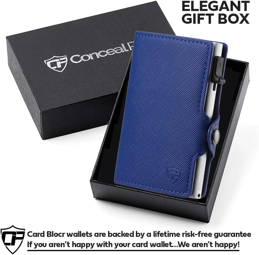 Womens Slim Wallet for Small Purses, Pop Up Wallet with Anti Theft RFID Blocking Credit Card Holder for Women in Navy Blue PU Saffiano